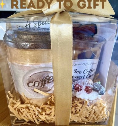 Gift set with a coffee-themed tumbler and dessert soap in clear packaging with a gold ribbon, labeled 'Ready to Gift'