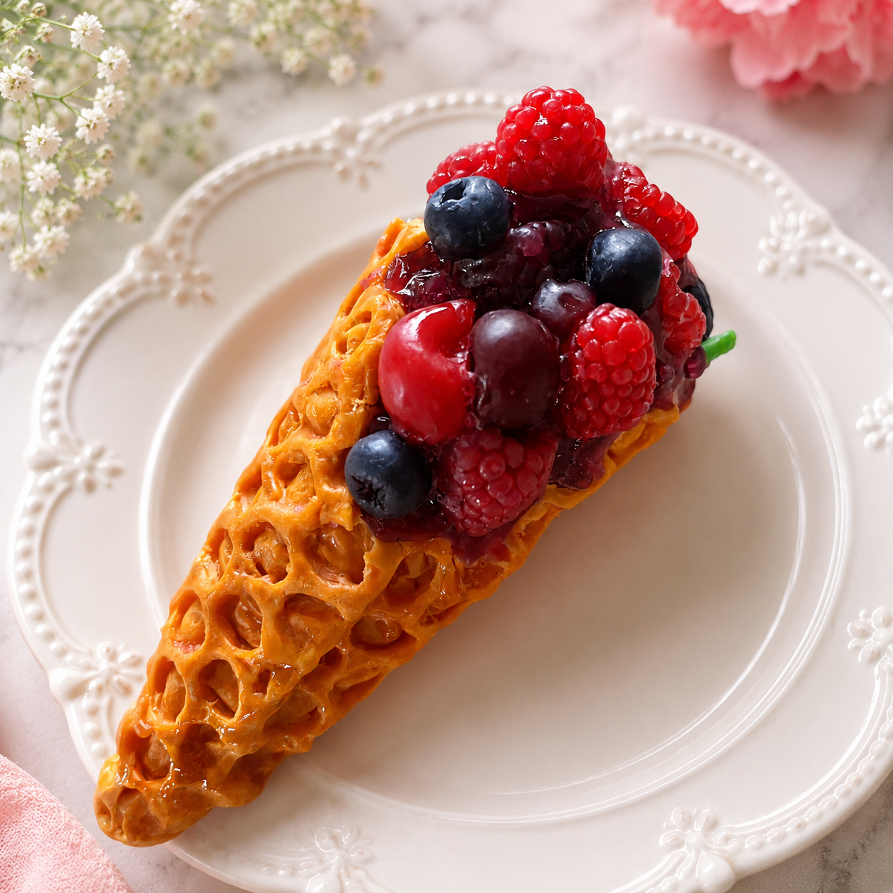 Fruit-topped dessert on a decorative plate with flowers in the background