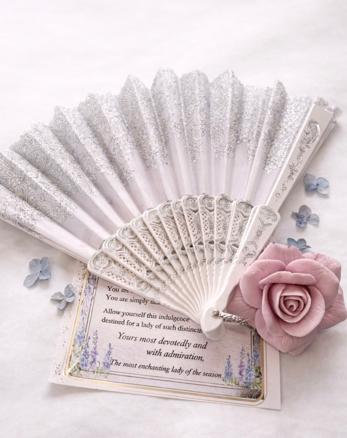 Decorative lace fan and romantic message card with rose soap , elegant Regency inspired spa gift set detail. 
