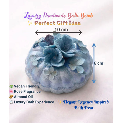 Decorative blue bath bomb with floral design, measurements, and product details on a white background