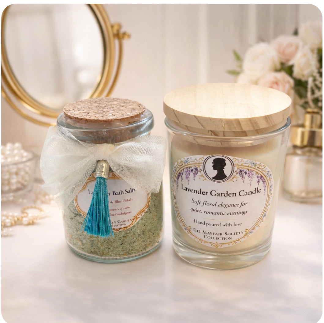Lavender bath salt and soy wax candle from a luxury spa gift set arranged on an elegant background.