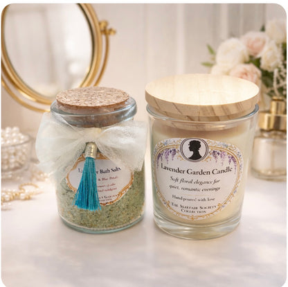 Lavender bath salt and soy wax candle from a luxury spa gift set arranged on an elegant background.