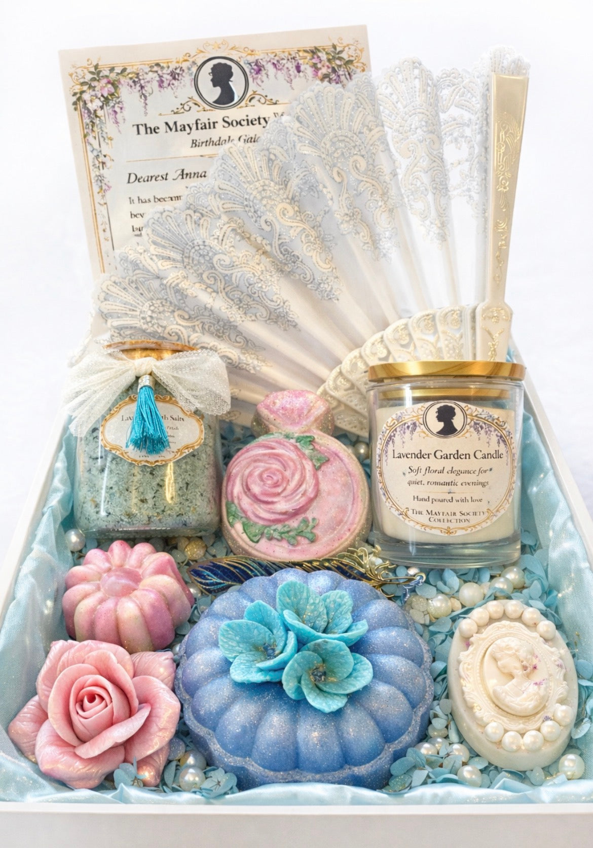 Elegant duchess themed spa gift box with candle, bath bombs and soap - luxury pampering set