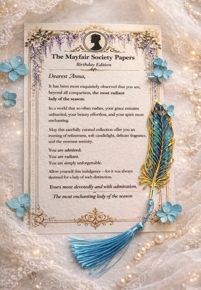 Personalised birthday card from the Mayfair Society included i a Regency inspired spa gift box