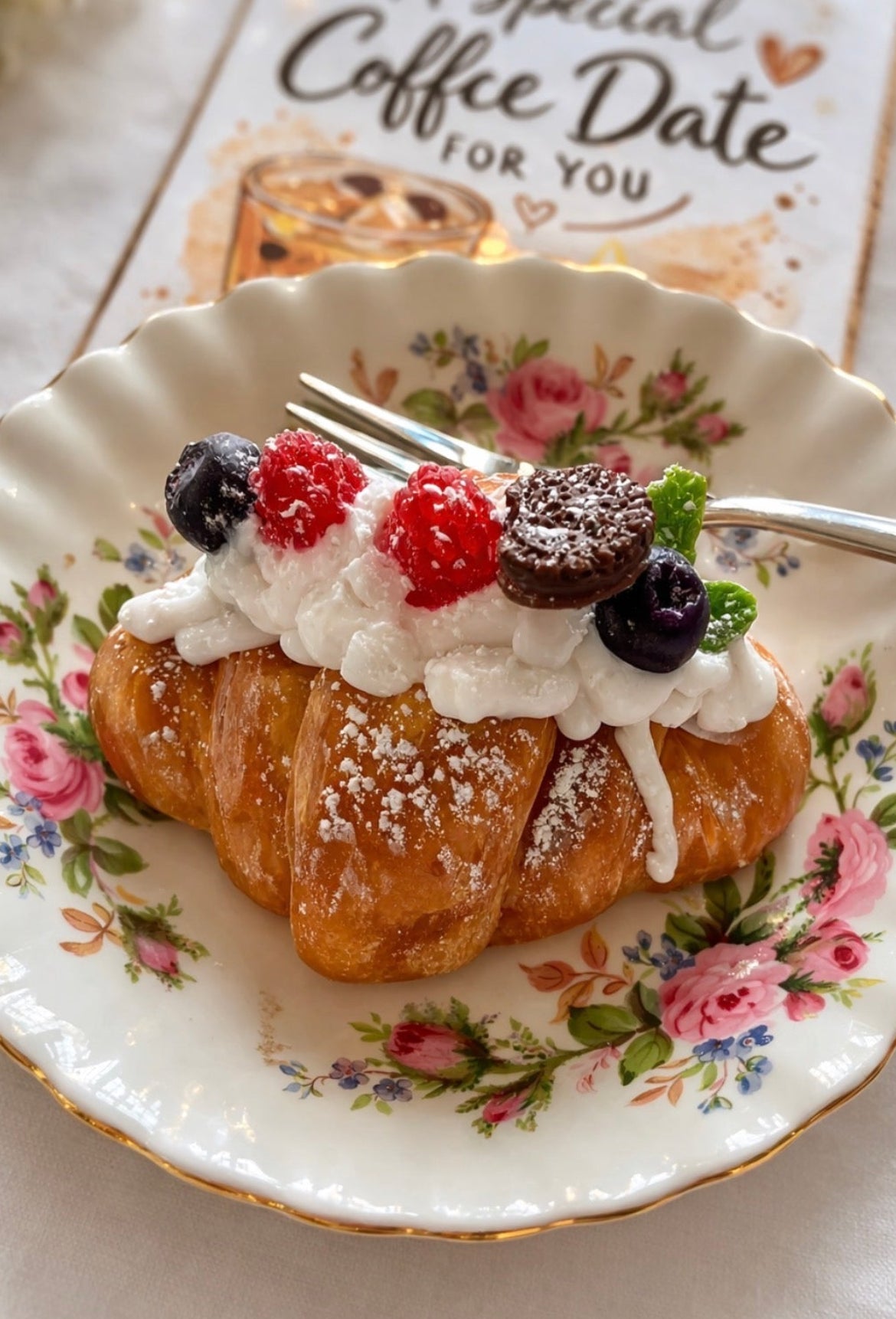 Decorative plate with a croissant soap topped with whipped cream, berries, and a coffee date card in the background.