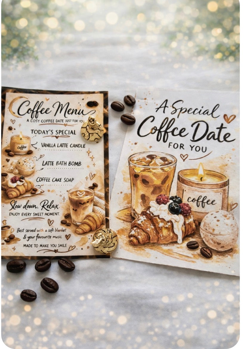 Two coffee-themed cards with coffee menu and special coffee date design on a textured surface.