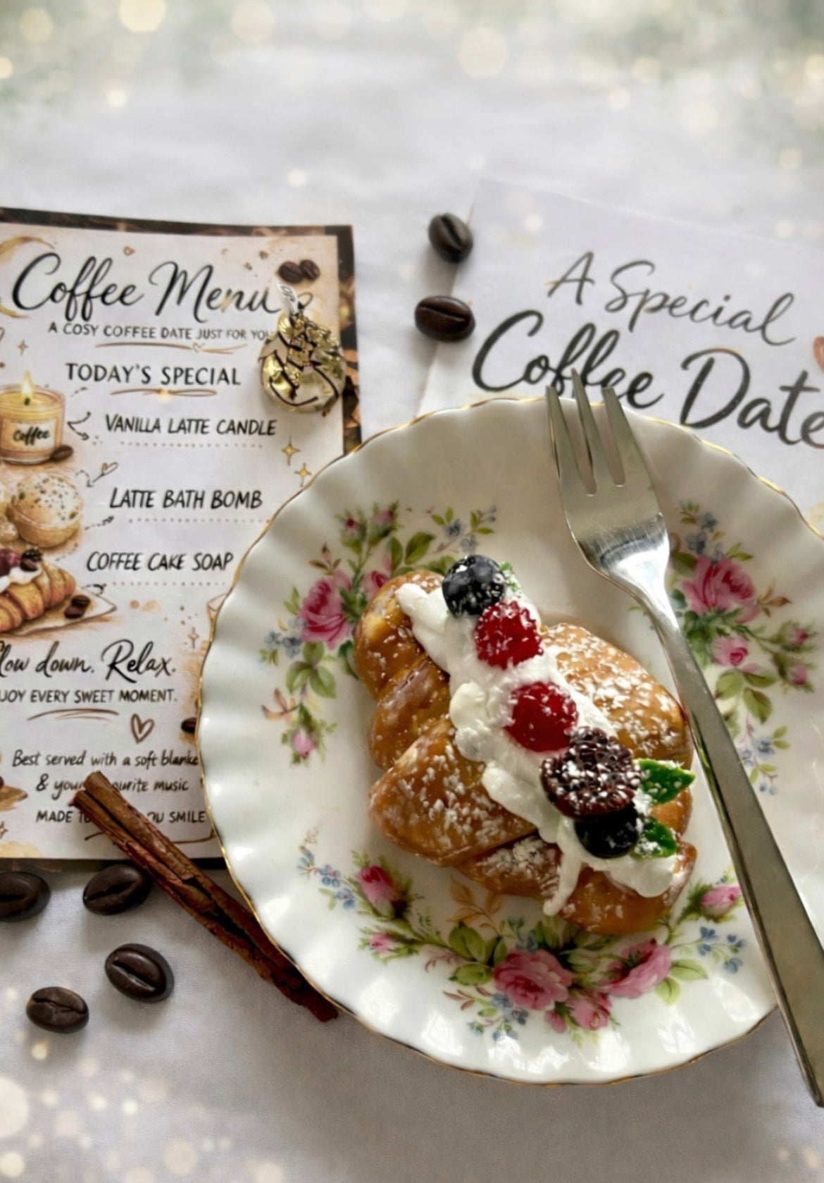 Decorative plate with dessert soap, coffee menu, and 'Special Coffee Date' card on a sparkling background