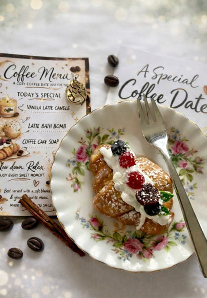 Decorative plate with dessert soap, coffee menu, and 'Special Coffee Date' card on a sparkling background