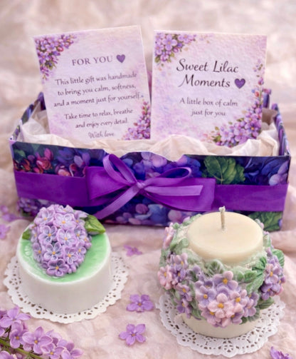 Lilac Spa Gift Box with handmade floral soap and decorative soy candle, beautifully presented in a purple ribbon gift box with personalised cards and fresh lilac flowers.