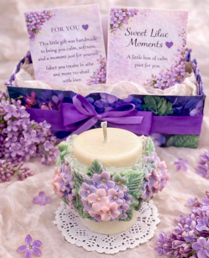 Lilac Spa Gift Box with personalised card and handmade floral soy candle, beautifully presented with a purple ribbon and fresh lilac blossoms.