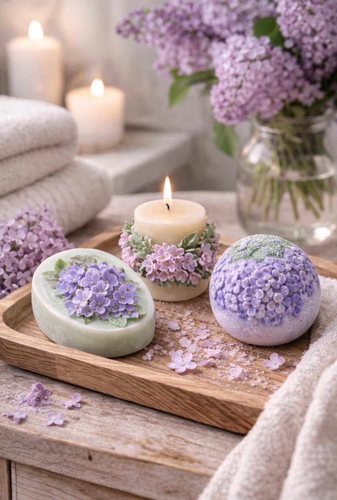 Lilac Spa Gift Box with handmade floral soap, soy candle and lilac bath bomb on a wooden tray with fresh lilac flowers and spa towels, romantic self care gift for her.