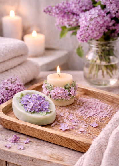 Lilac Spa Gift Box products displayed on a wooden tray with handmade floral soap and soy candle, surrounded by fresh lilac flowers and soft spa towels for a relaxing self care gift.

