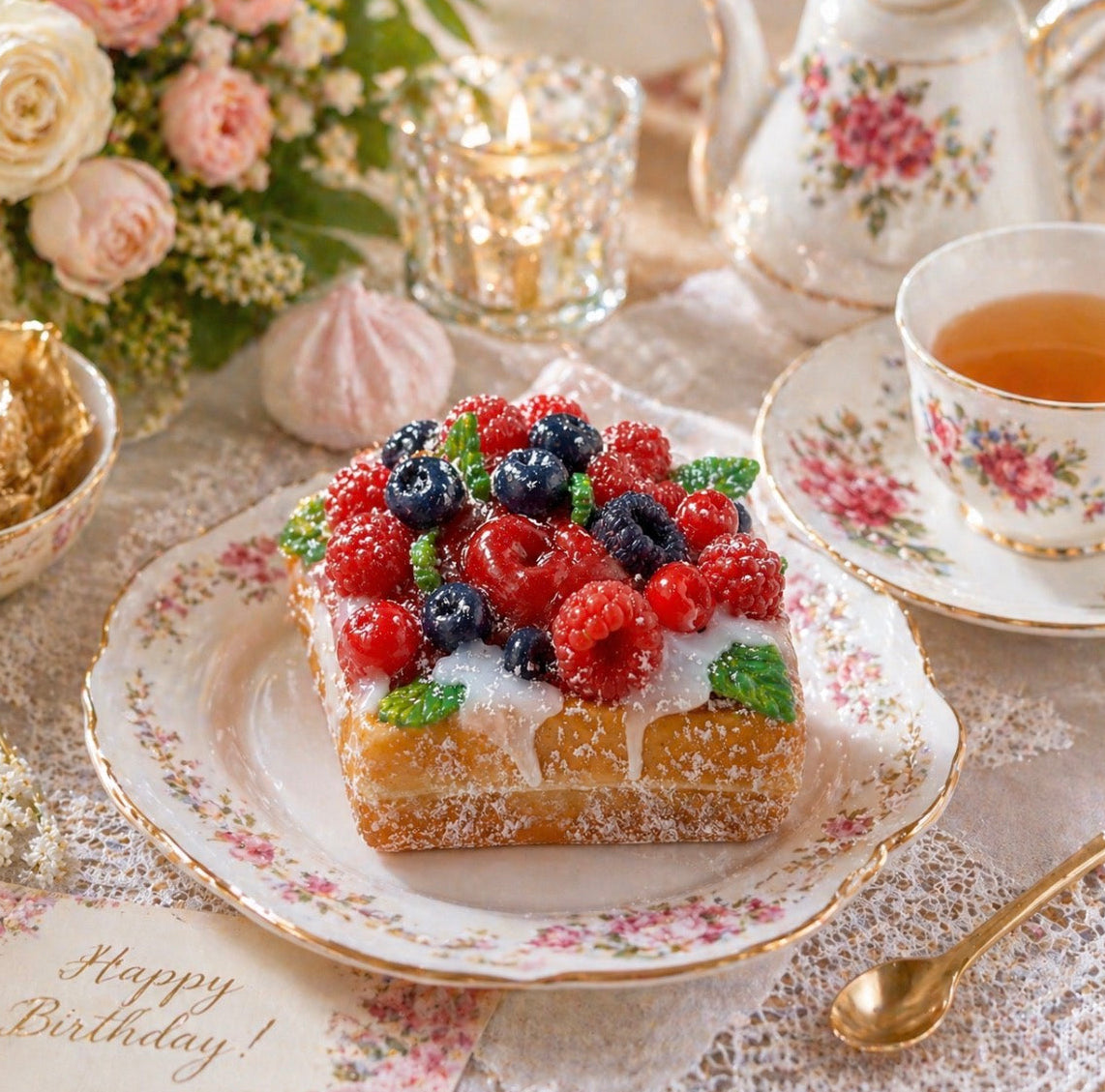 Handmade  realistic waffle dessert soap cake with realistic berries on top, styled on a elegant vintage tea paty table.