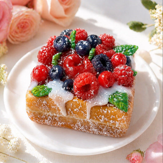 Handmade waffle soap, dessert style bath soap gift with realistic berries on top, including raspberries and blueberries, styled on a white plate.