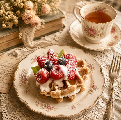 Realistic handmade waffle with berries on a decorative plate with a teacup and books in the background.