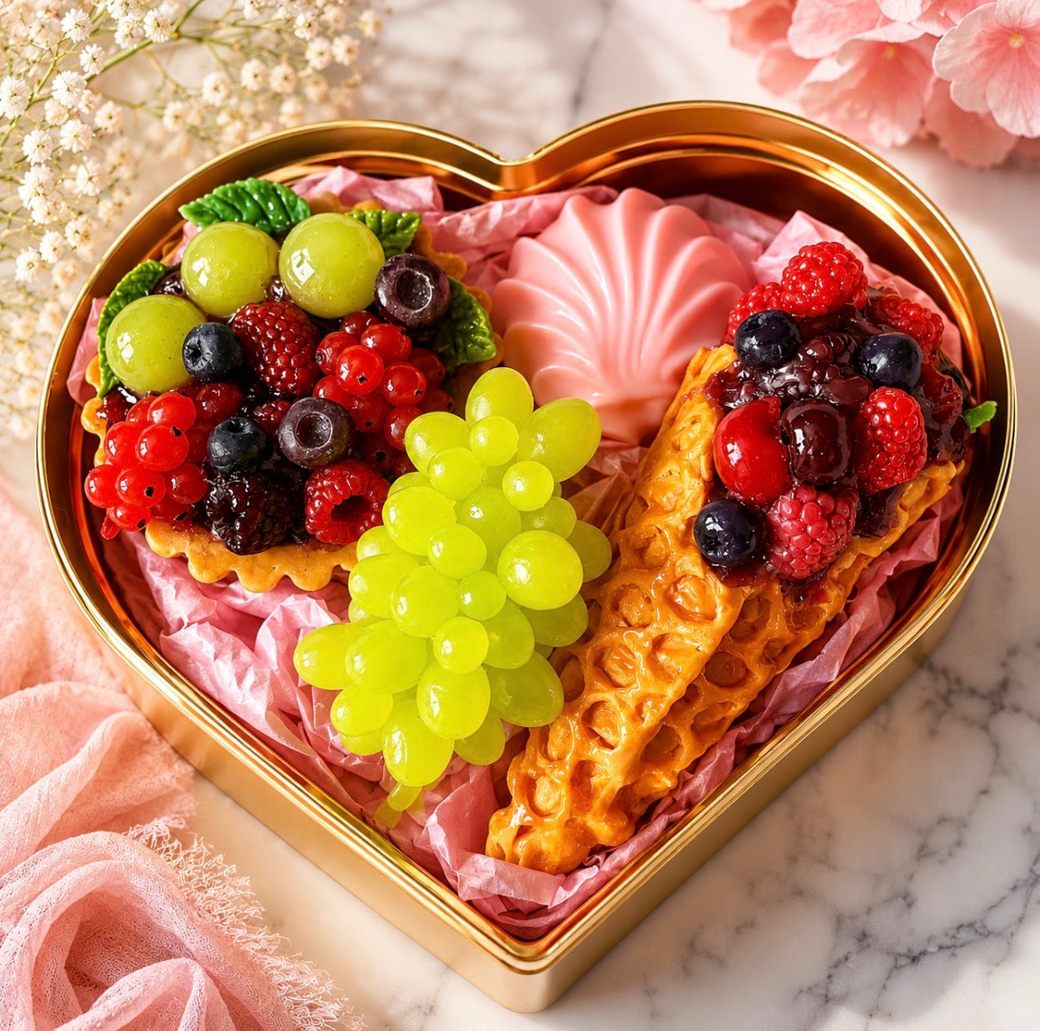 Heart-shaped box filled with assorted fruits and pastries on a marble surface.
