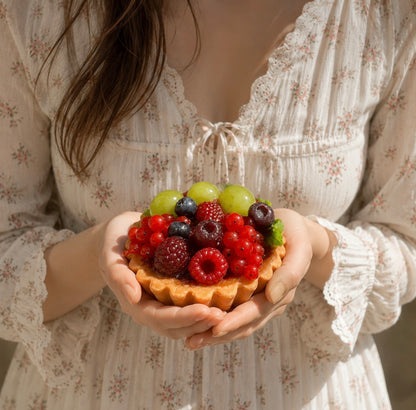 Person holding a realistic tart soap with berries in a floral dress.