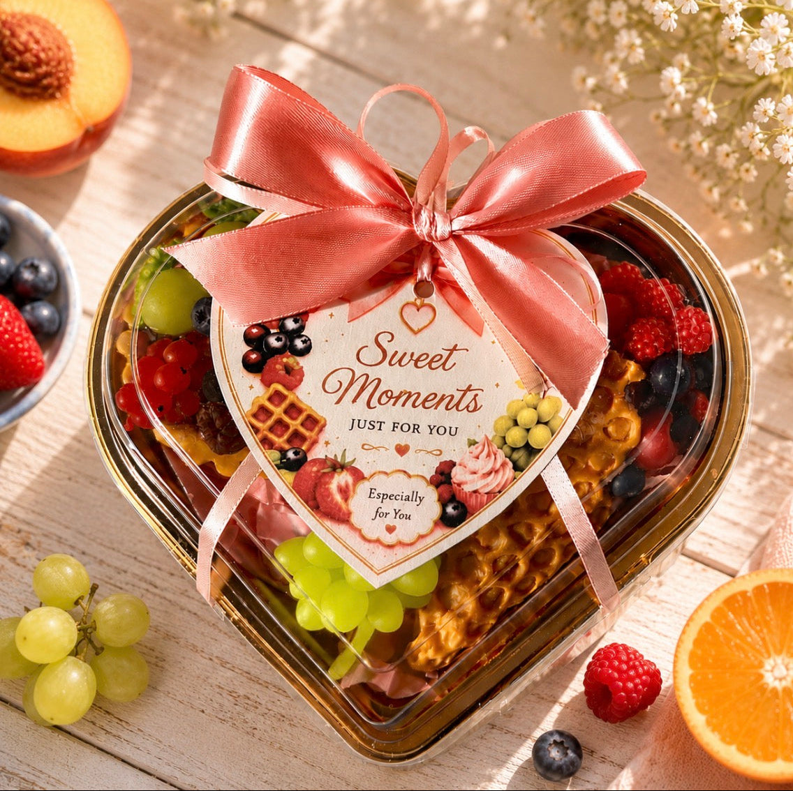 Heart-shaped gift box with fruit ,dessert soap and a pink ribbon on a wooden surface with fruits around.