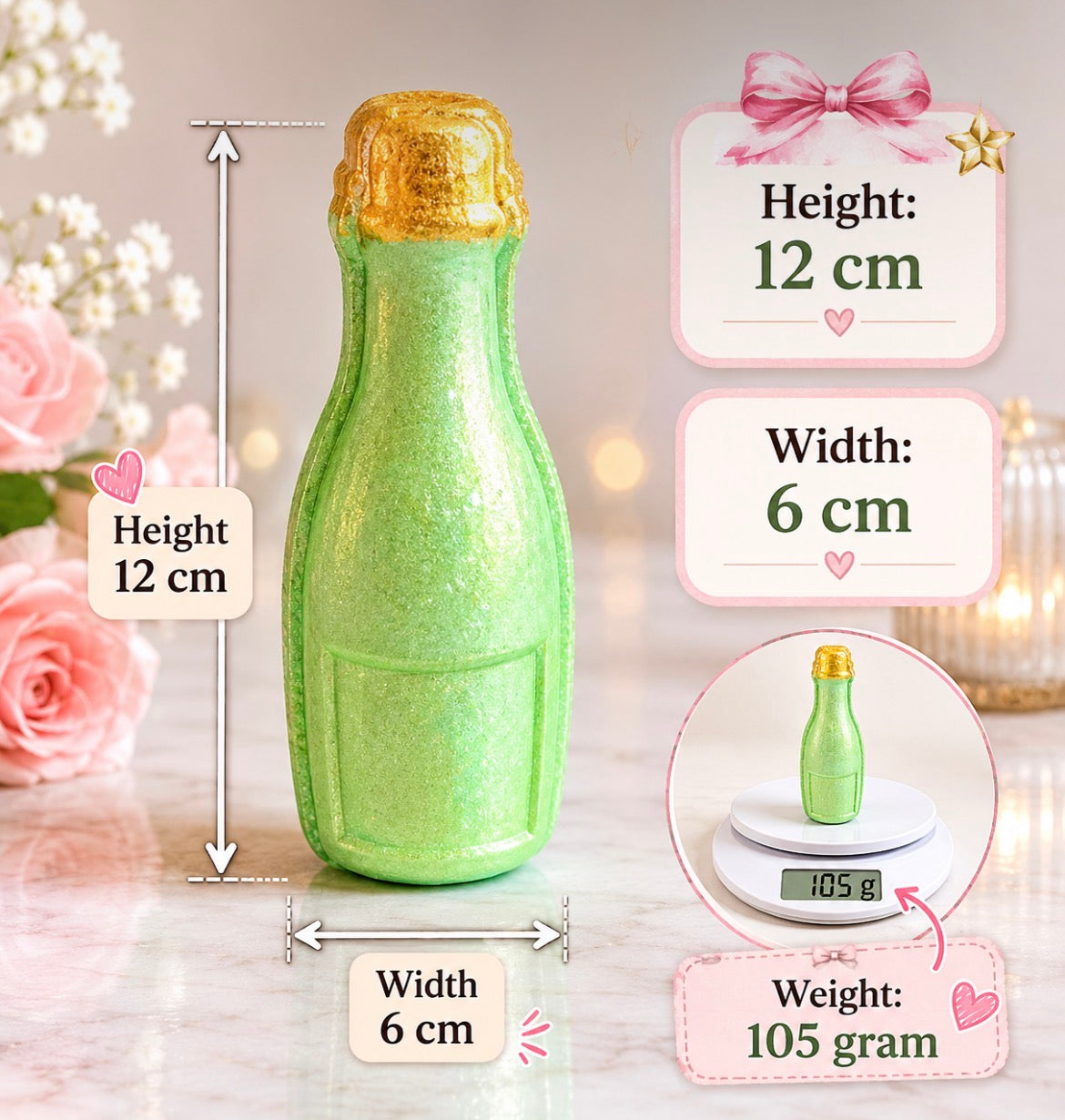 Green bottle-shaped bath bomb with gold cap, measurements, and weight displayed on a decorative background.