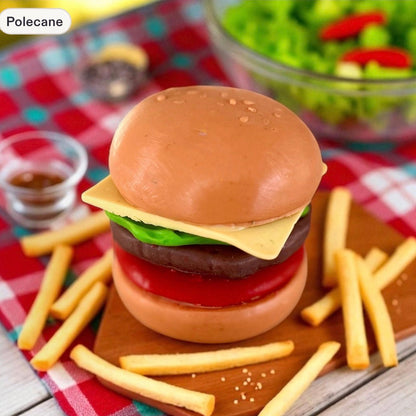 Realistic handmade cheeseburger soap displayed on a wooden board with fries. Food-inspired novelty soap handcrafted as a fun gift for burger lovers.