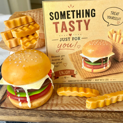 Handmade cheeseburger and fries soap gift set with greeting card. Realistic fast food inspired novelty soap for unique birthday and self-care gifts.