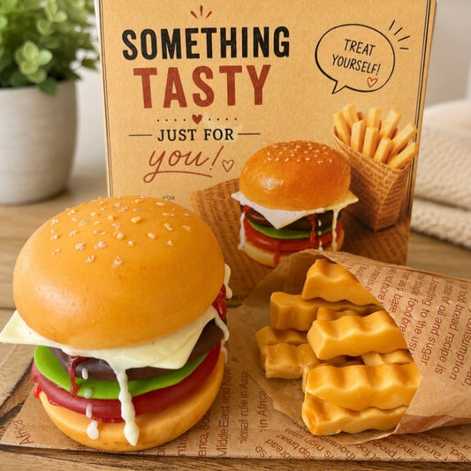 Realistic handmade cheeseburger soap gift set with fries soap pieces in decorative gift packaging. Novelty food-inspired soap for unique birthday and self-care gifts.