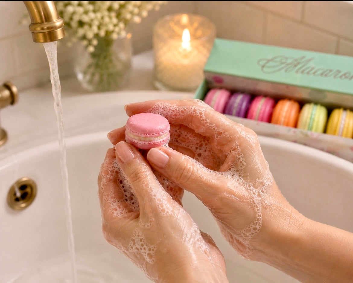 Hands washing with a pink macaron-shaped soap beside a bathroom sink, with a colourful macaron soap gift box in the background.