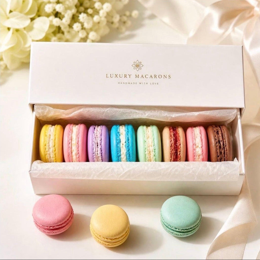 Luxury gift box filled with eight colourful handmade macaron-shaped soaps, displayed with three soaps on a soft satin background.