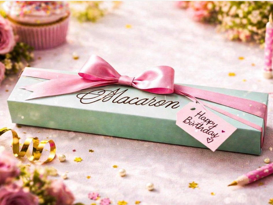 Mint green macaron soap gift box wrapped with a pink satin ribbon and finished with a Happy Birthday gift tag.