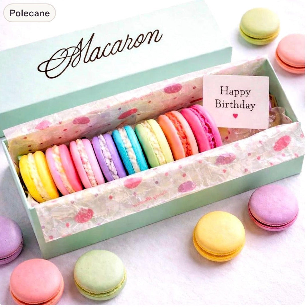 Colourful handmade macaron-shaped soaps presented in a mint green gift box with a Happy Birthday gift message.