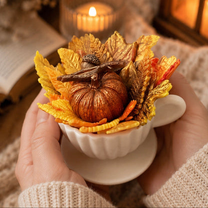 Handmade autumn teacup soap featuring a pumpkin, acorn and colourful fall leaves, held in hands to show its size. Cozy seasonal gift for autumn lovers and home spa.