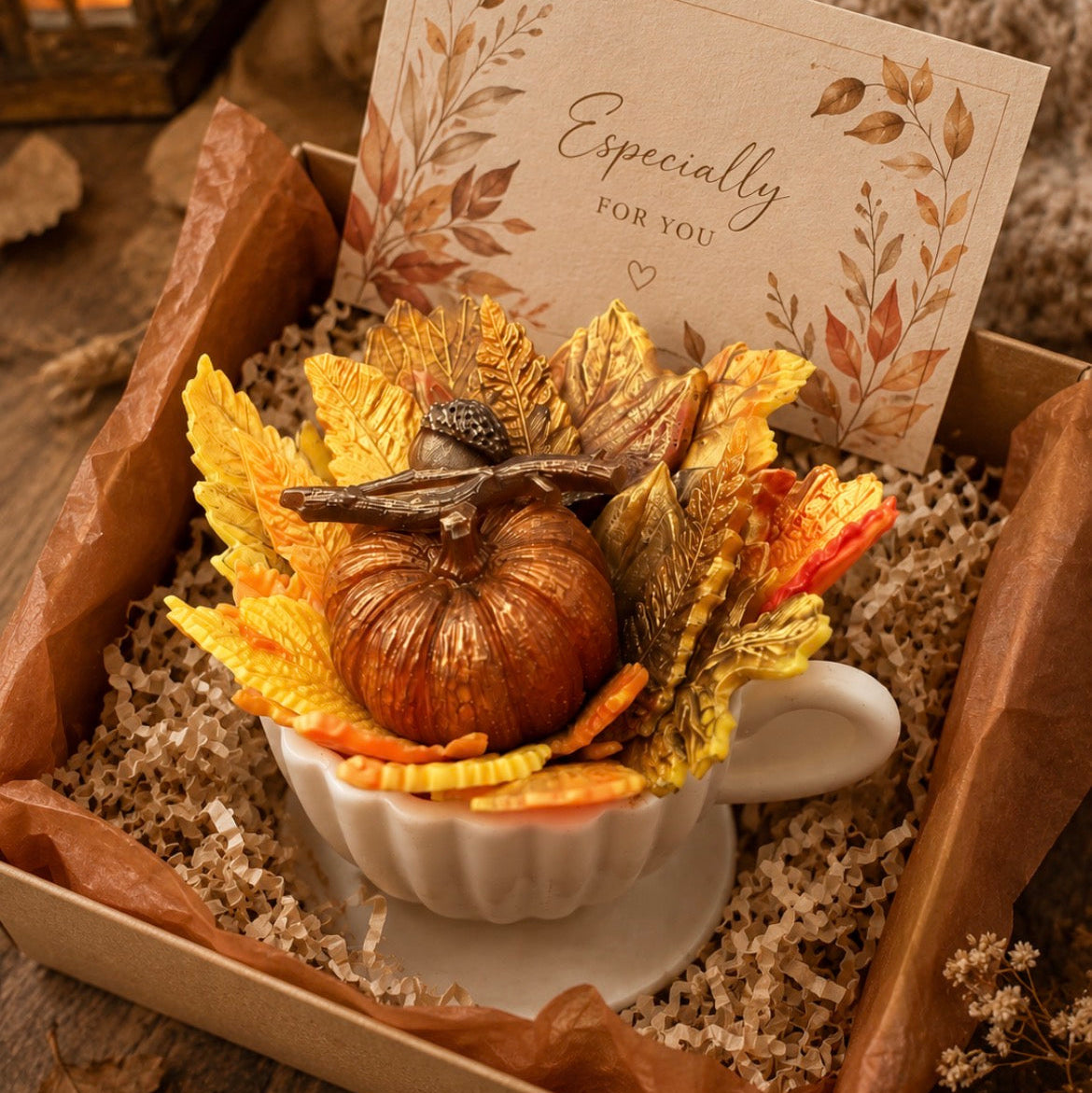 Handmade autumn teacup soap with a pumpkin and colourful fall leaves, beautifully presented in a gift box with a greeting card. Cozy seasonal gift for autumn lovers, birthdays and Thanksgiving.