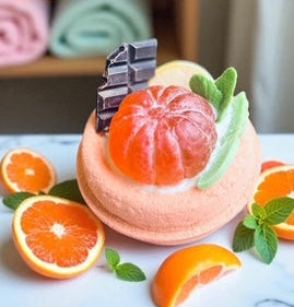 Handmade bath bomb shaped like a dessert with a mandarin soap and chocolate piece on top