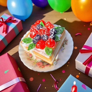 Realistic double waffle dessert soap cake with berries on a plate surrounded by balloons, presents, and confetti.