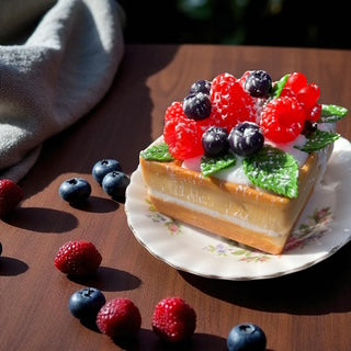 Realistic handmade double waffle dessert soap cake with berries on a decorative plate on a wooden table