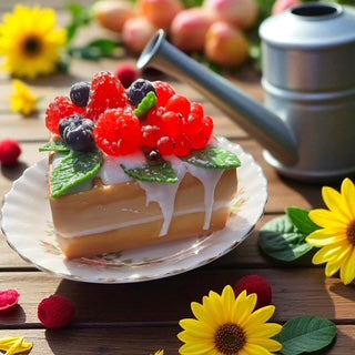 Realistic double waffle dessert soap cake with berries and green leaves on a plate surrounded by flowers and fruits on a wooden surface.