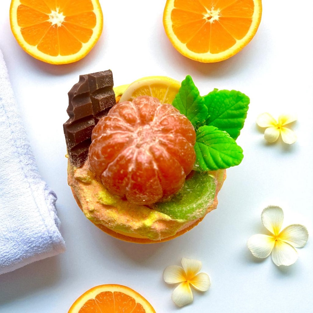 Luxury Tangerine Chocolate Bath Bomb – Handmade Citrus Dessert Fizzy Spa Gift for Relaxation & Self-Care