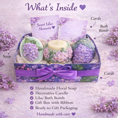 What's inside the Lilac Spa Gift Box: handmade floral soap, decorative soy candle, lilac bath bomb, personalised cards and ready-to-gift packaging with purple ribbon.