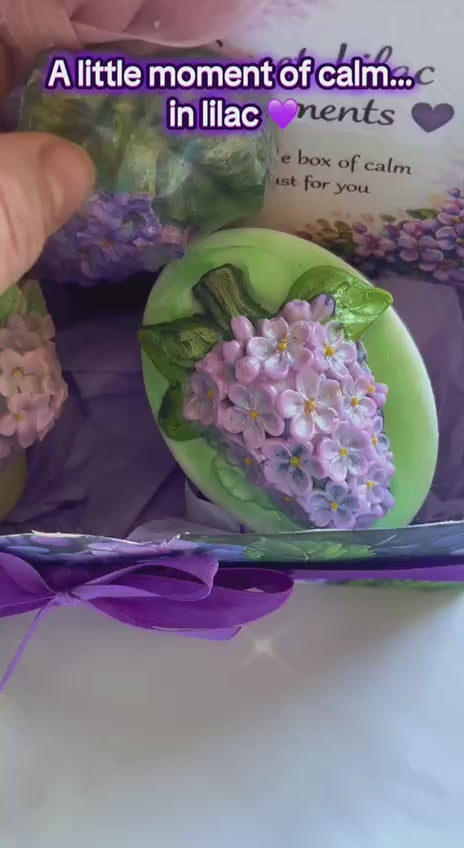 Lilac Spa Gift Box video showing handmade floral soap, soy candle, lilac bath bomb and personalised card, a romantic self care gift for her with relaxing spa essentials.
